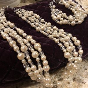Vintage Ann Taylor Pearl and Swarovski Layered Necklace and Bracelet Set